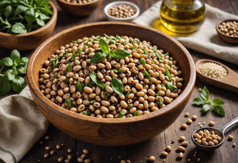 Image photoréaliste d'un bol en bois rempli de haricots cornille, entouré d'herbes fraîches, d'ail et d'un filet d'huile d'olive, sur un plan de travail de cuisine rustique, éclairé par une lumière naturelle douce.