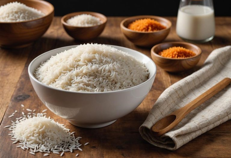 Image photoréaliste d'un petit bol blanc contenant du riz basmati fumant, posé sur un plan de travail en bois à côté d'une balance, éclairage naturel chaud.