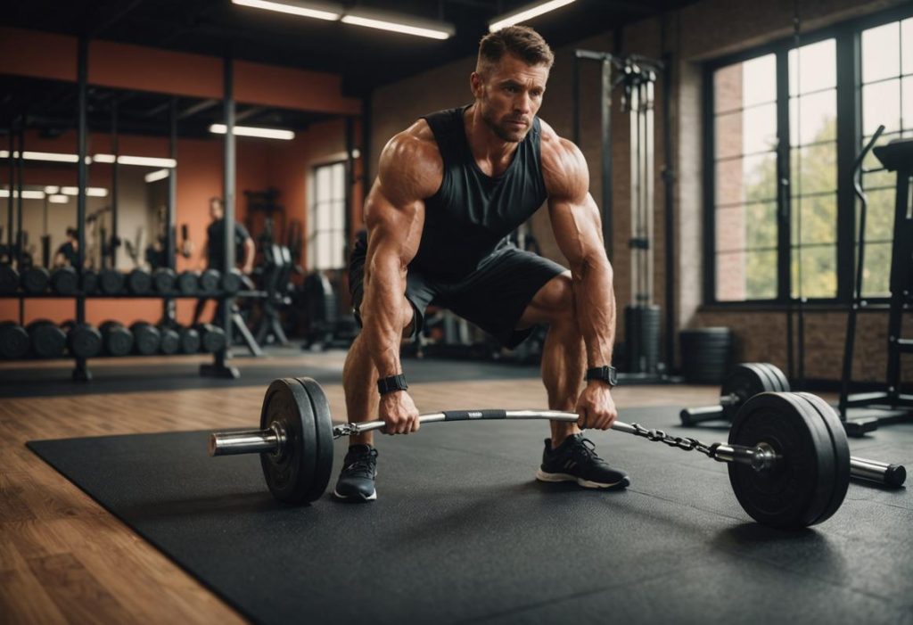 Homme faisant des exercices avec des bandes de résistance sur un tapis dans un studio de fitness, avec des haltères et des barres en arrière-plan, éclairage ambiant chaleureux et mise au point précise.