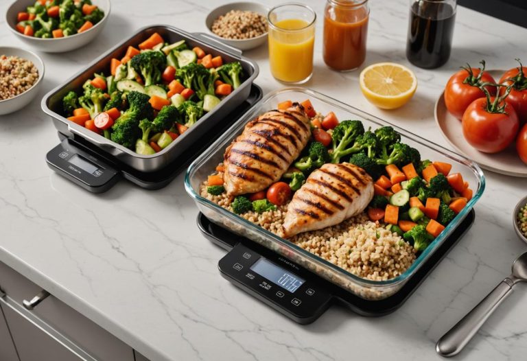 Image photoréaliste d'une préparation de repas avec des assiettes de poulet grillé, quinoa et légumes vapeur colorés, sur un comptoir de cuisine propre avec une balance alimentaire numérique, éclairage doux ambiant.