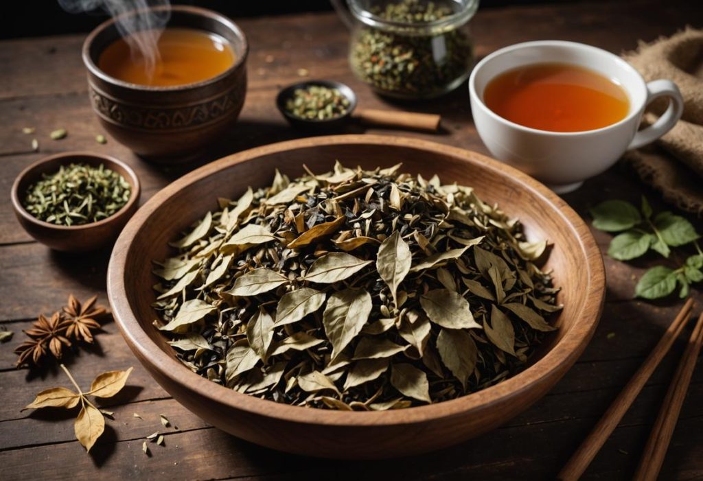 Image photoréaliste de feuilles de Sana Makki séchées dans un bol en bois sur une table rustique avec une tasse de tisane à côté, vapeur douce s'élevant, éclairage ambiant chaleureux.