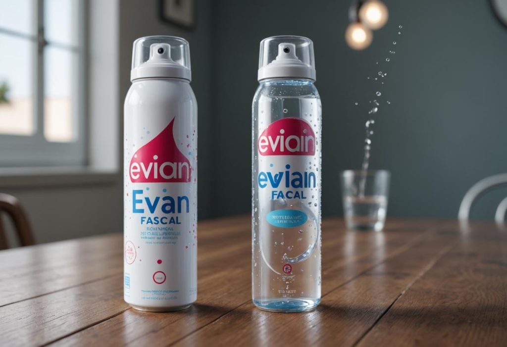 Brume Evian réaliste sur une table en bois à côté d'un verre d'eau claire, avec des gouttelettes d'eau sur le spray, éclairage naturel doux.