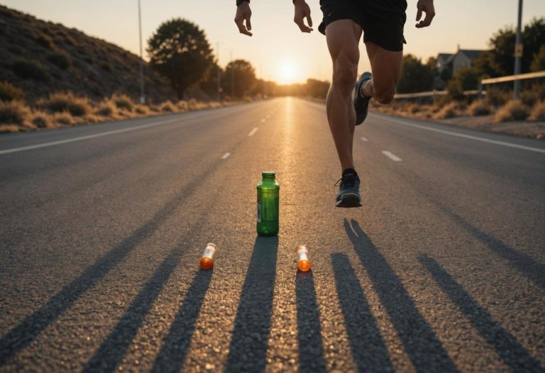 Image photoréaliste d'un coureur en plein effort sur une route déserte au lever du soleil, avec une rangée de bouteilles de suppléments alignées sur le trottoir à côté, éclairage dynamique et mise au point précise.