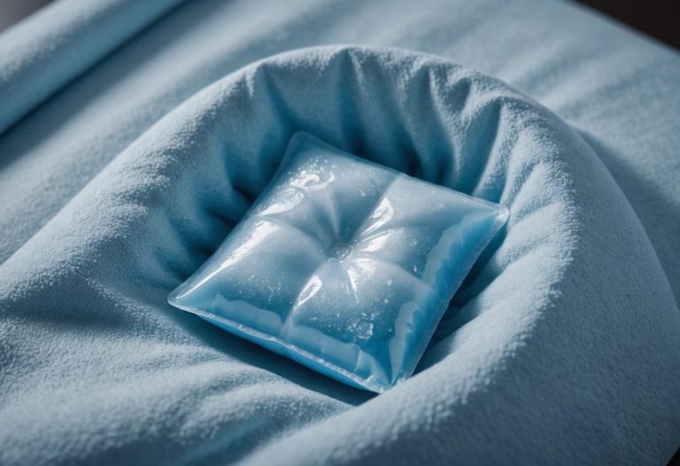 image photoréaliste d'une poche de glace posée sur un tissu doux, avec une palette de couleurs bleues apaisantes, une atmosphère sereine et un éclairage ambiant doux.