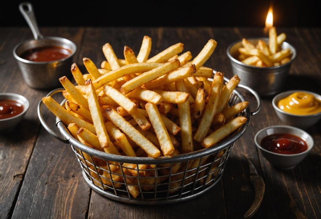 Image photoréaliste de frites croustillantes et dorées dans une corbeille métallique rustique, luisant légèrement de graisse de bœuf, posées sur une table en bois foncé avec un petit plat de sauce à côté, éclairage ambiant chaleureux, haute précision.
