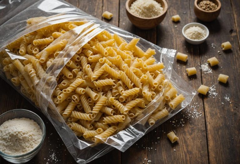 Image photoréaliste de pâtes industrielles crues dans un sac congélation transparent sur un comptoir de cuisine rustique en bois saupoudré de farine, éclairage ambiant doux.