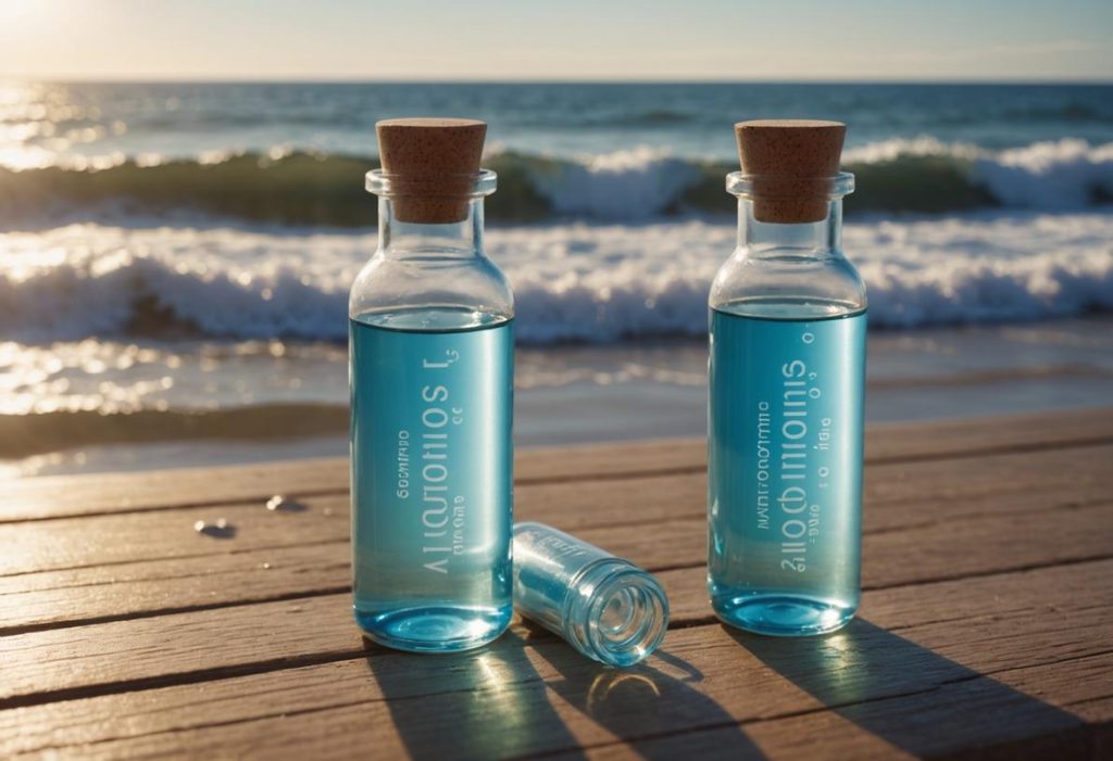 Deux fioles en verre, une étiquetée 'Isotonique' et l'autre 'Hypertonique', remplies d'eau de mer et posées sur une surface en bois éclairée par le soleil, avec des vagues en arrière-plan.
