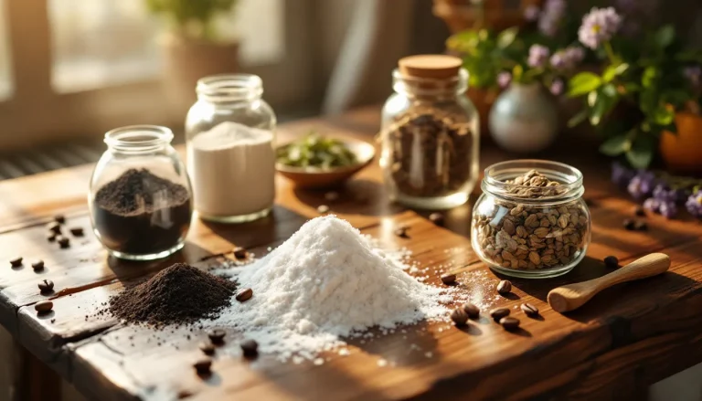 Absorbeurs d'odeurs naturels faits maison disposés sur une surface, comprenant divers ingrédients tels que du bicarbonate de soude et des huiles essentielles.