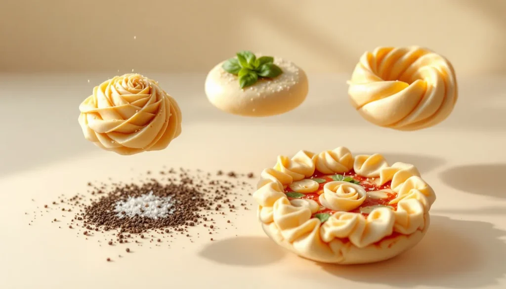 Dégustation créative mettant en avant diverses garnitures sur une pâte à pizza.