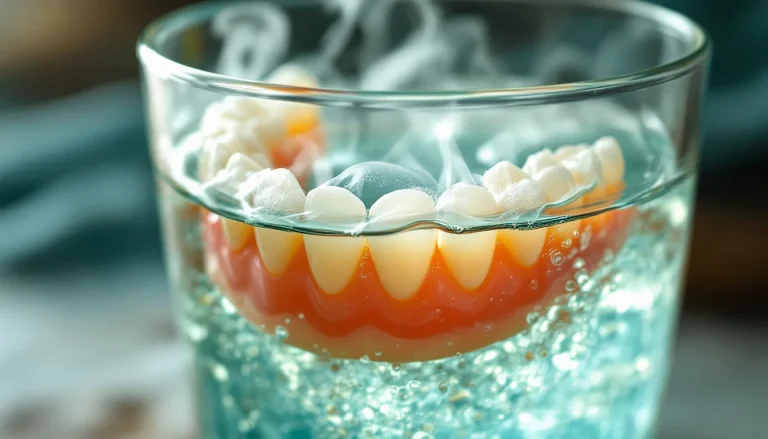 Denture vintage posée à côté de produits pour un nettoyage naturel.