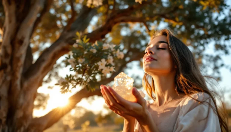 Femme tenant une gomme arabique émettant une lumière douce.