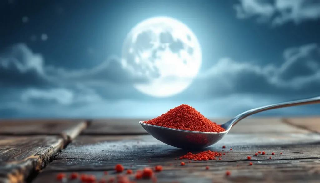 Levure rouge illuminée par la lune dans une ambiance nocturne.