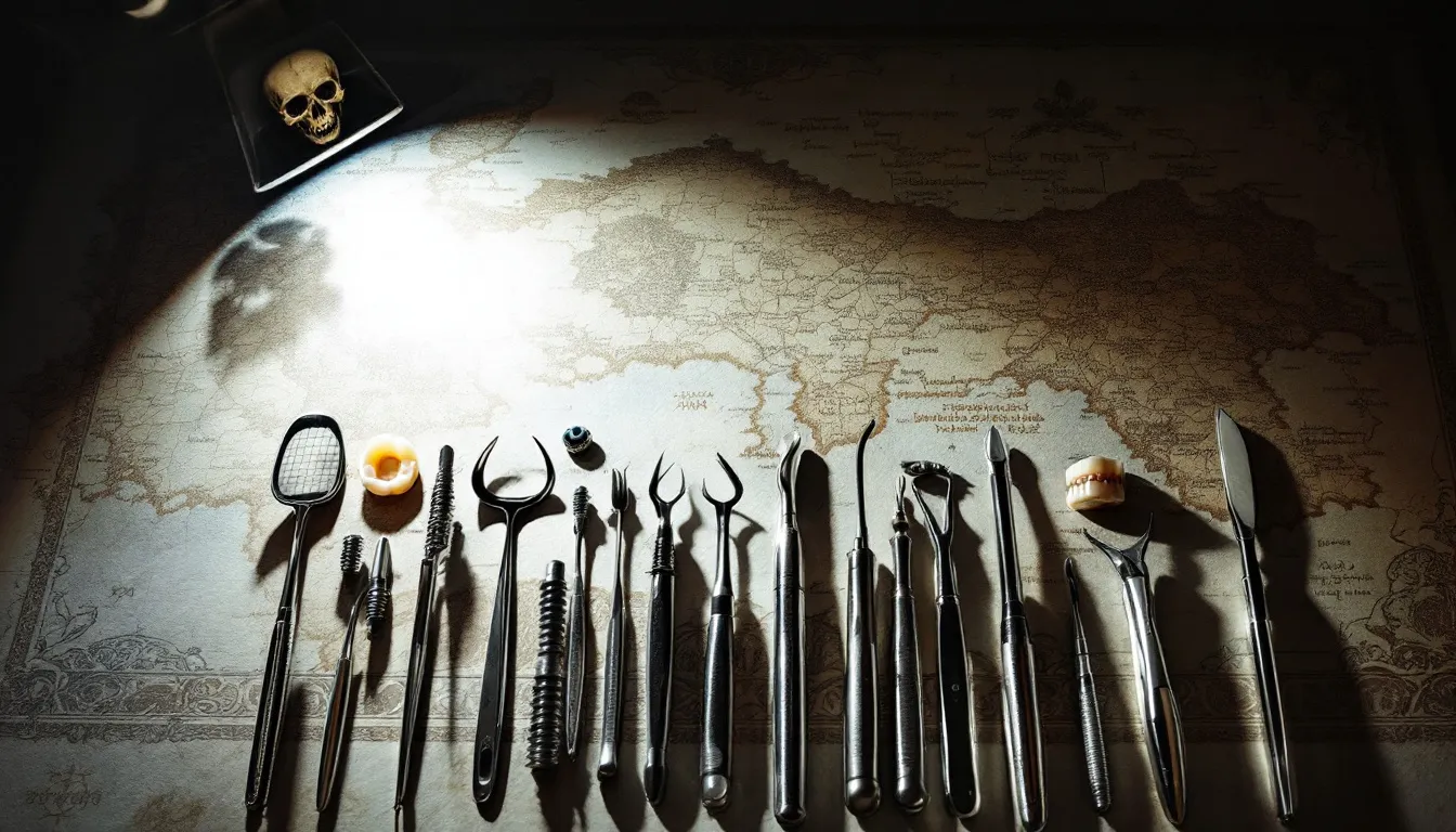 Outils dentaires disposés sur une surface sombre, projetant une ombre inquiétante.