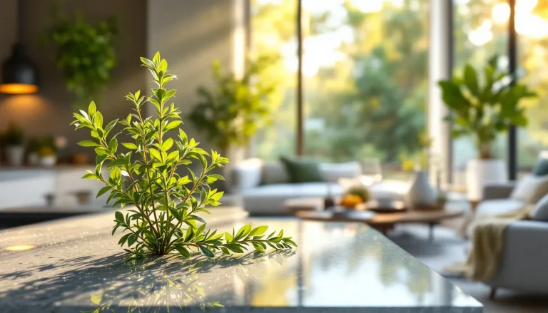 Thym frais baignant dans une lumière douce à l'intérieur d'une maison.