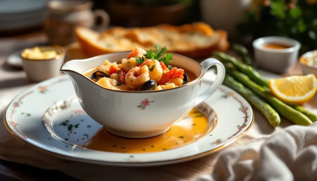 Lotte à l'armoricaine servie dans une assiette décorée, entourée de garnitures colorées.