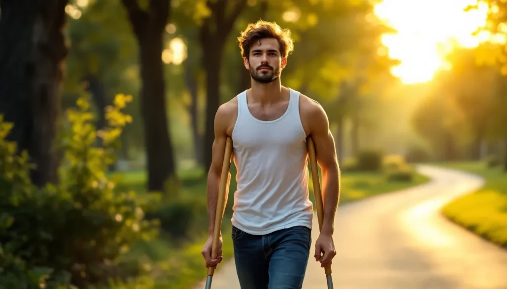 Un chemin doré bordé d'arbres, où une personne se déplace avec des béquilles.