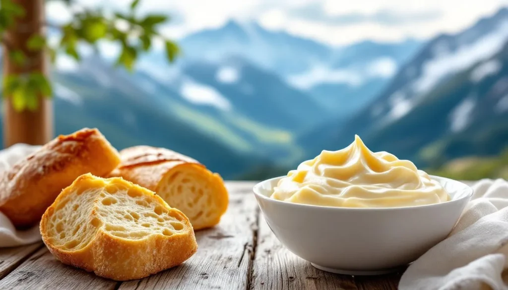 Bol de crème de Gruyère garni d'herbes fraîches.
