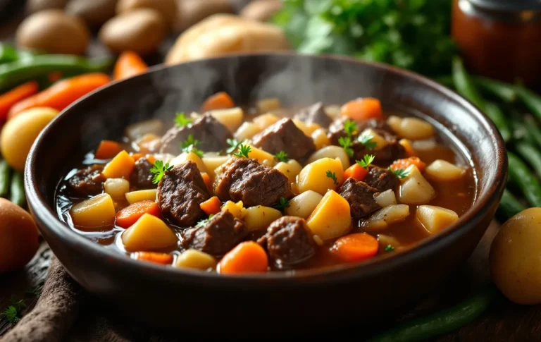Un bol de carbonade flamande fumante posé sur une table en bois rustique, entouré de légumes colorés comme des haricots verts, des carottes et des pommes de terre.