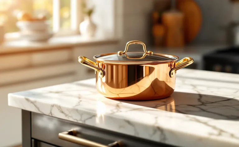 Une casserole en cuivre Mauviel repose sur un plan de travail en marbre poli, éclairée par une lumière dorée provenant d’une fenêtre.