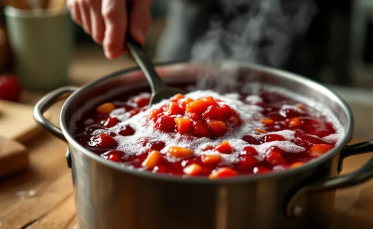 Une main écume délicatement la mousse d’une confiture maison en cuisson dans une marmite sous une lumière chaleureuse.