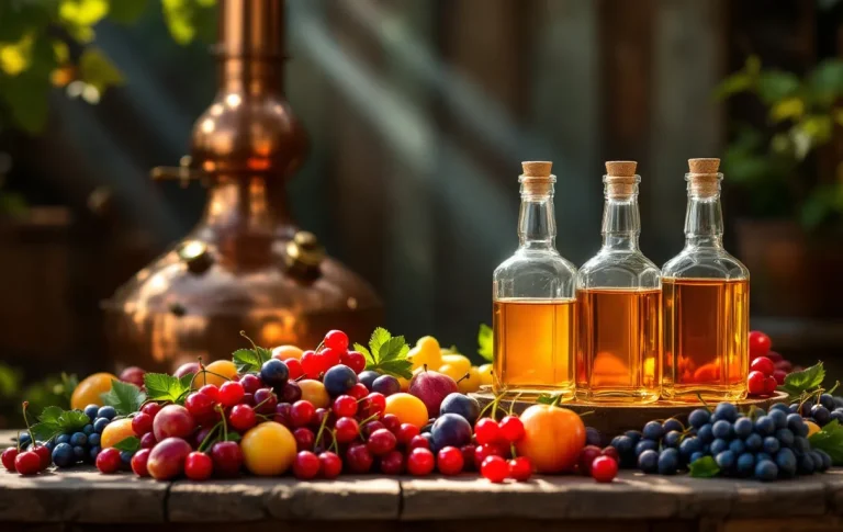 Des fruits fraîchement récoltés reposent près d’un alambic en cuivre avec des bouteilles d’eau-de-vie sur une table en bois sous la lumière du soleil.