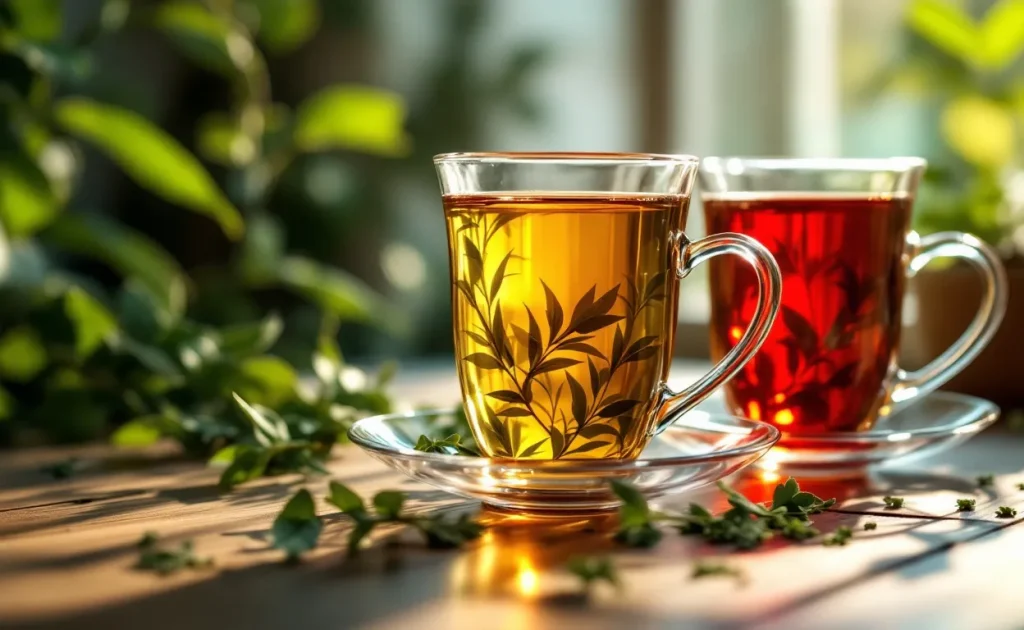 Trois tasses en verre remplies de tisanes verte, dorée et rubis sont posées sur une table en bois avec des herbes fraîches, baignées d’une lumière douce venant de la fenêtre.
