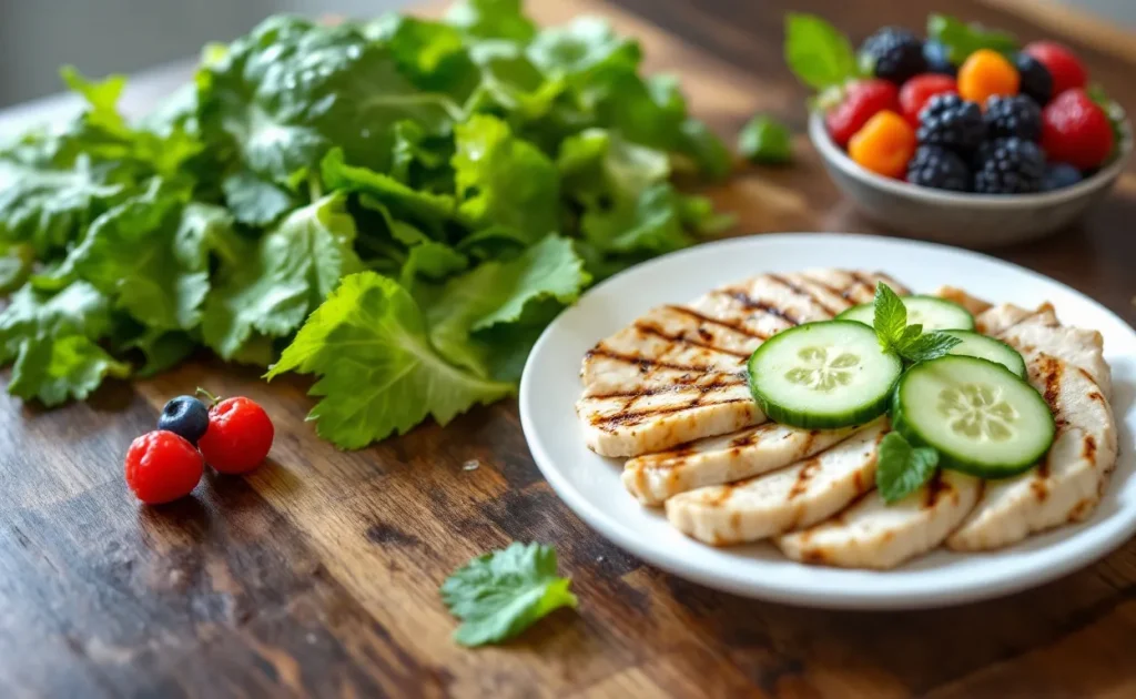 Assortiment de légumes verts, concombres, fruits rouges et poulet grillé disposés sur une table en bois sous une lumière naturelle.