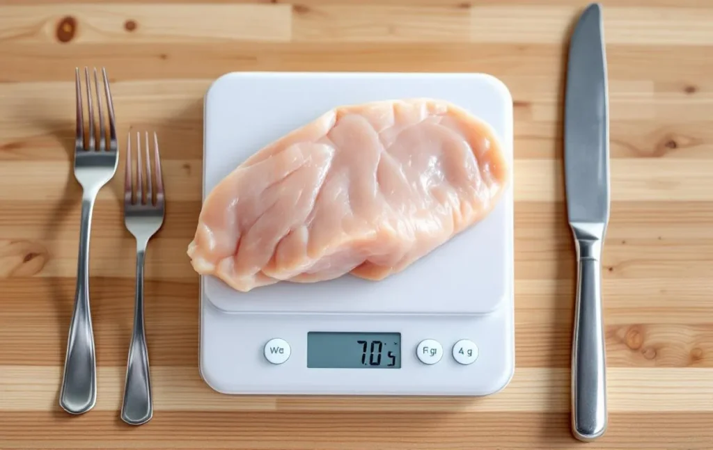 Un blanc de poulet découpé repose sur une balance de cuisine numérique posée sur une table en bois, avec une fourchette et un couteau à côté.