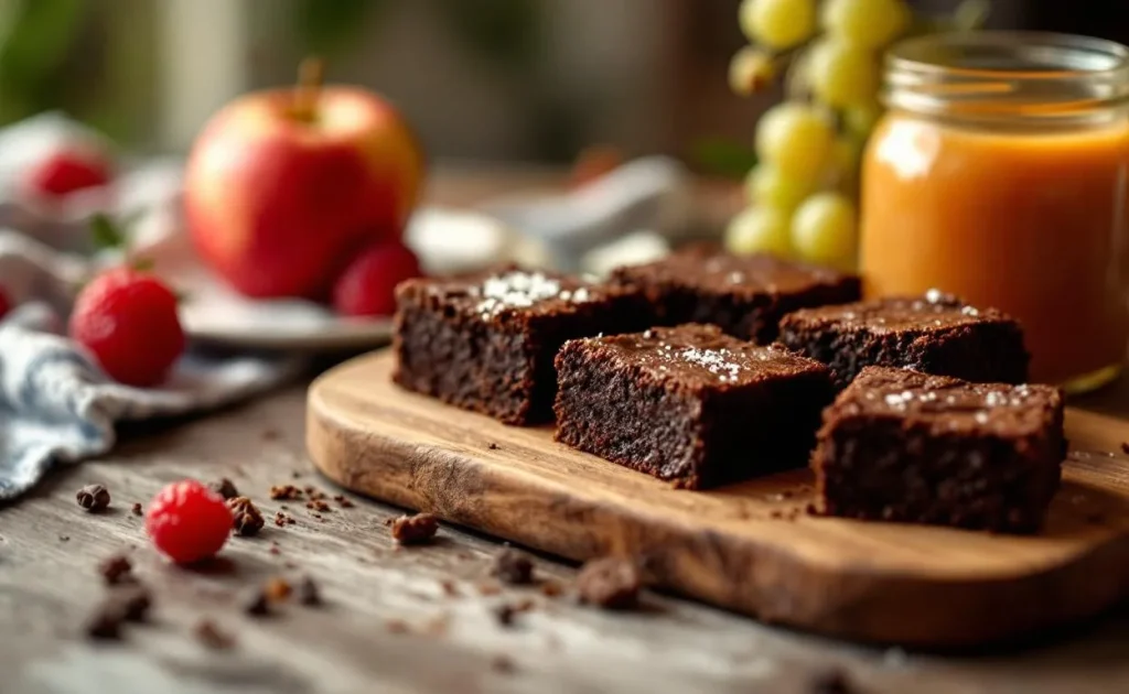 Des brownies fondants découpés reposent sur une planche en bois, accompagnés d’une jarre de compote de pommes et de fruits frais sous une lumière chaleureuse.