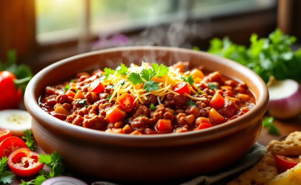 Un bol de chili con carne appétissant entouré de légumes frais et d’herbes avec de la vapeur qui s’en dégage.