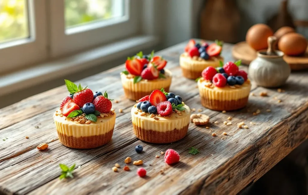 Cinq petits gâteaux décorés de fruits et de noix sont posés sur une table en bois sous une lumière douce du matin.