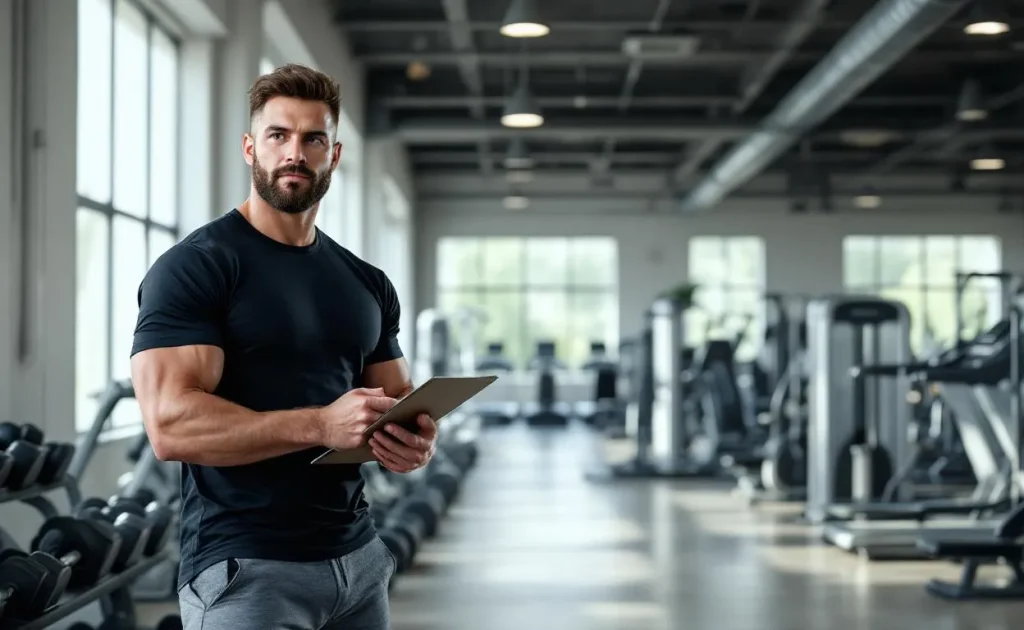 Un coach sportif tient un clipboard dans une salle de sport moderne, devant des haltères et des machines, éclairé par la lumière naturelle des grandes fenêtres.