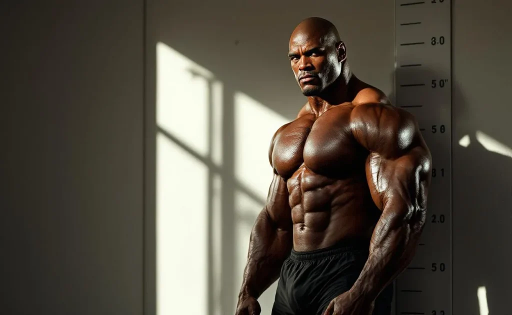 Ronnie Coleman torse nu en short de sport se tient près d’une toise, avec une musculature saillante éclairée latéralement.