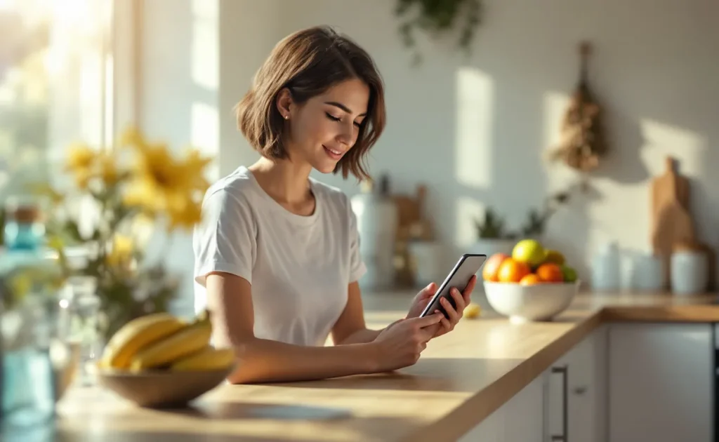 Une jeune femme utilise une application de fitness sur son smartphone, entourée de fruits frais et d’une bouteille d’eau sur un comptoir de cuisine épuré.