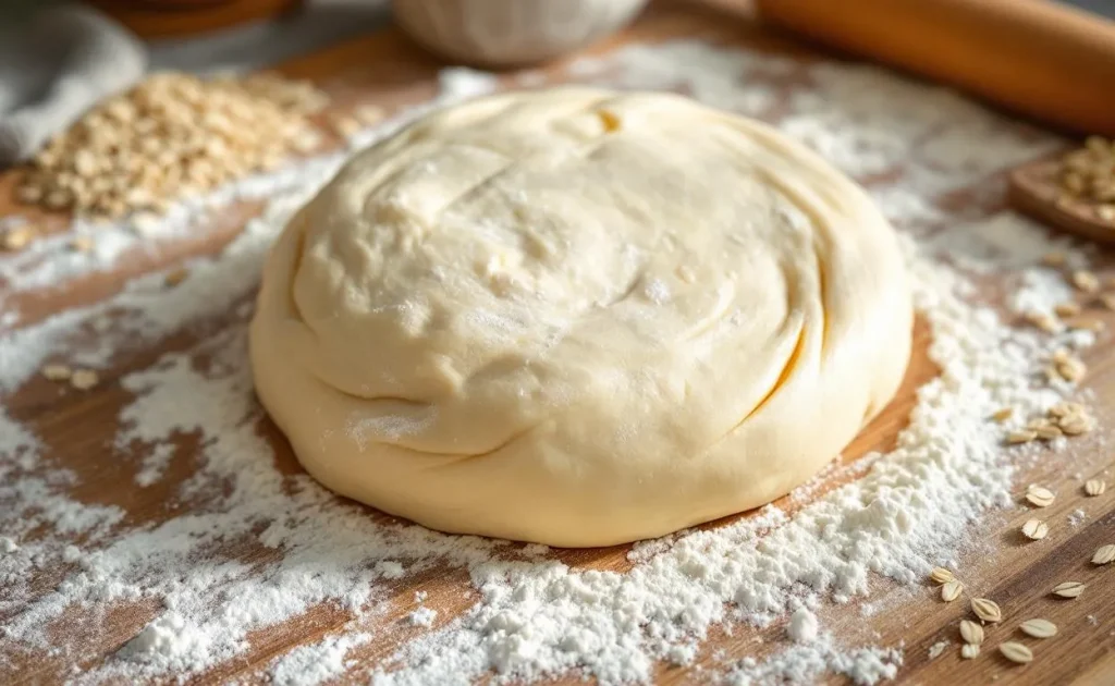 Pâte brisée fraîchement roulée posée sur un plan en bois fariné, entourée de farine complète, de flocons d’avoine et d’un rouleau rustique.