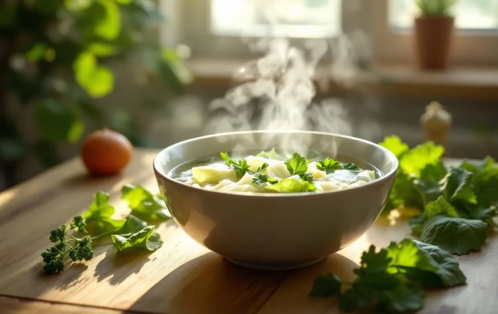 Bol fumant de soupe au chou sur une table en bois clair, entouré de feuilles de chou et de verdure, baigné par une douce lumière matinale.