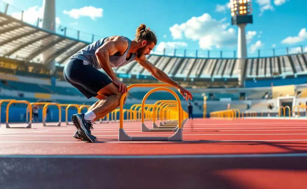 Un athlète se prépare à une course d’obstacles sur une piste extérieure avec des haies en forme de O sous un ciel bleu lumineux.