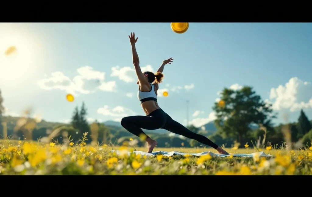 Un jeune athlète réalise une posture de yoga sur un terrain ensoleillé, accompagné d’un yoyo jaune en mouvement.