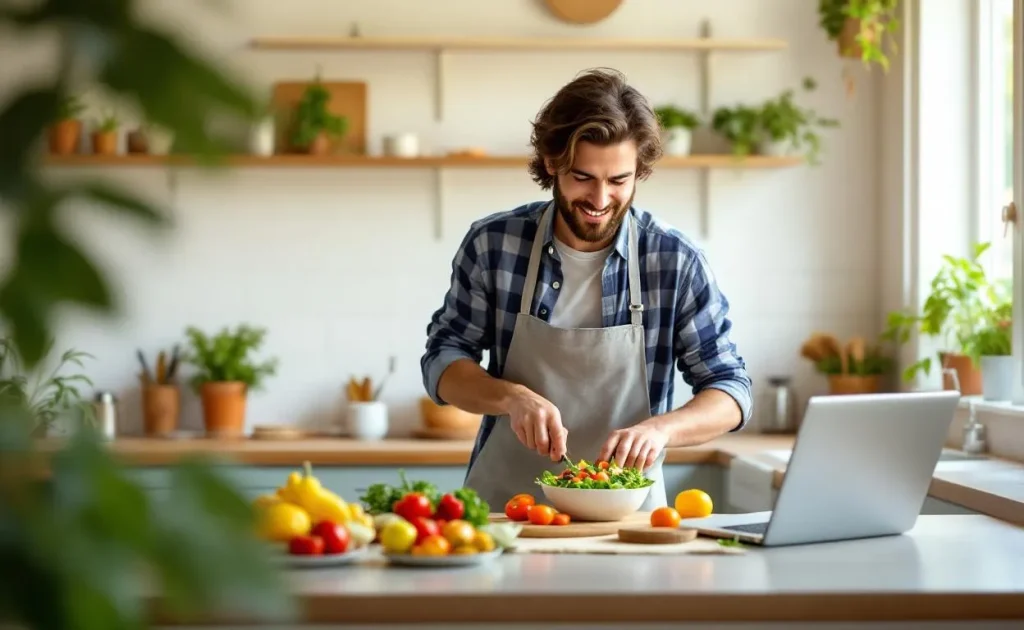 Un étudiant pressé prépare une salade colorée dans une cuisine moderne et lumineuse avec un ordinateur portable sur le comptoir.