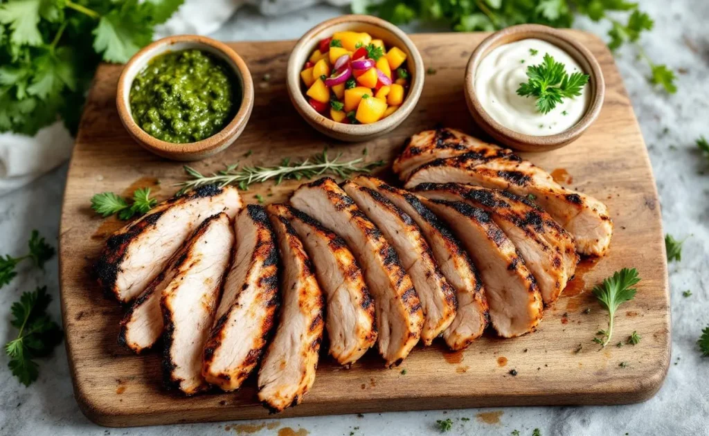 Tranches de blanc de poulet grillé disposées sur une planche en bois rustique, accompagnées de cinq sauces colorées aux herbes dans des petits bols.