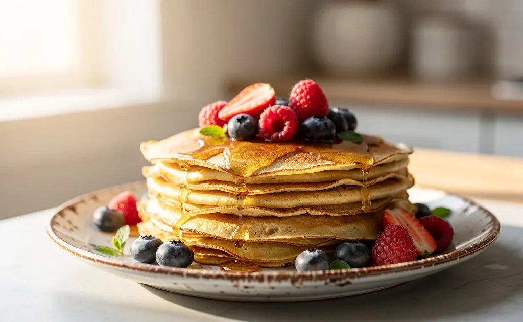 Une pile de fines crêpes dorées garnie de fruits rouges et d’un filet de miel repose sur une assiette rustique, baignée de lumière naturelle dans une cuisine épurée.