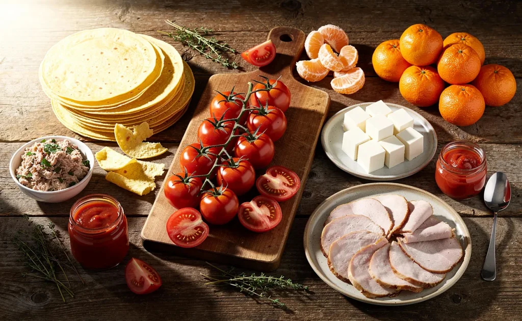 Une table en bois présente divers aliments commençant par la lettre T, comme tomates, tofu, tortillas et mandarines, soigneusement disposés.