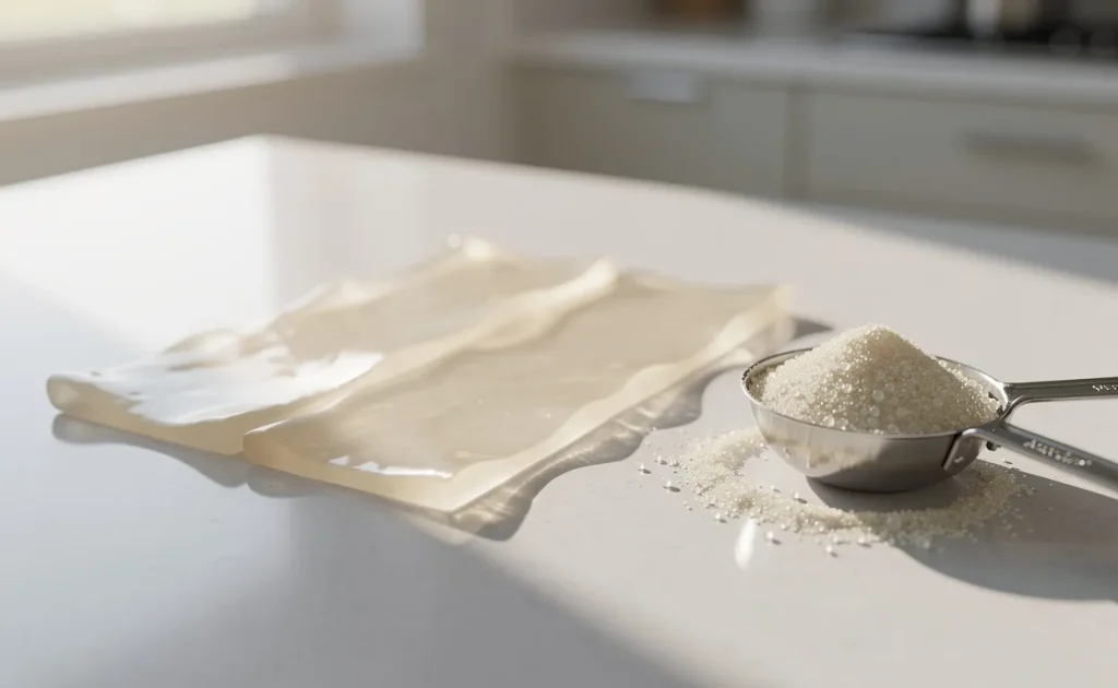 Trois feuilles de gélatine translucides et une cuillère doseuse contenant de la poudre de gélatine reposent sur un plan de travail de cuisine éclairé par une douce lumière du matin.