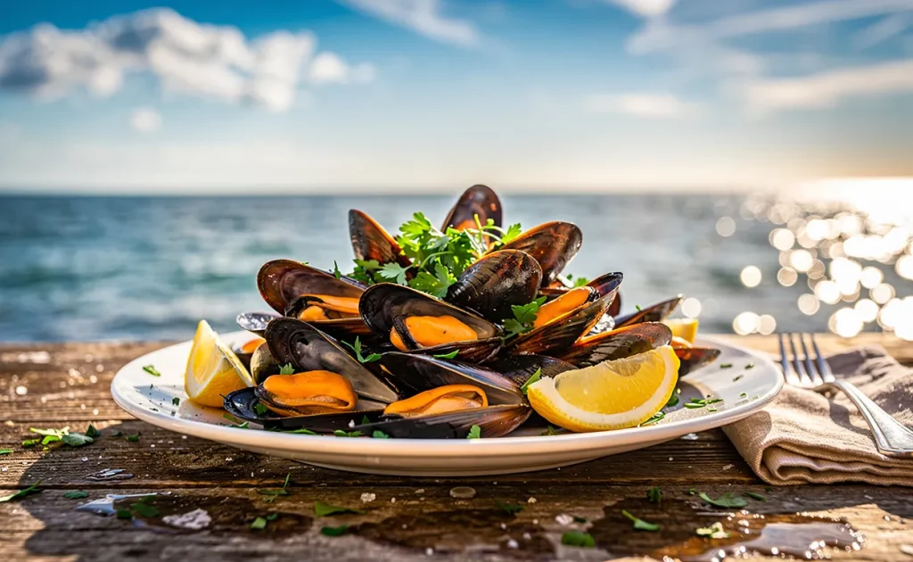 Une table rustique en bord de mer présente une assiette de moules fraîches décorées de citron et de persil sous un ciel bleu lumineux.