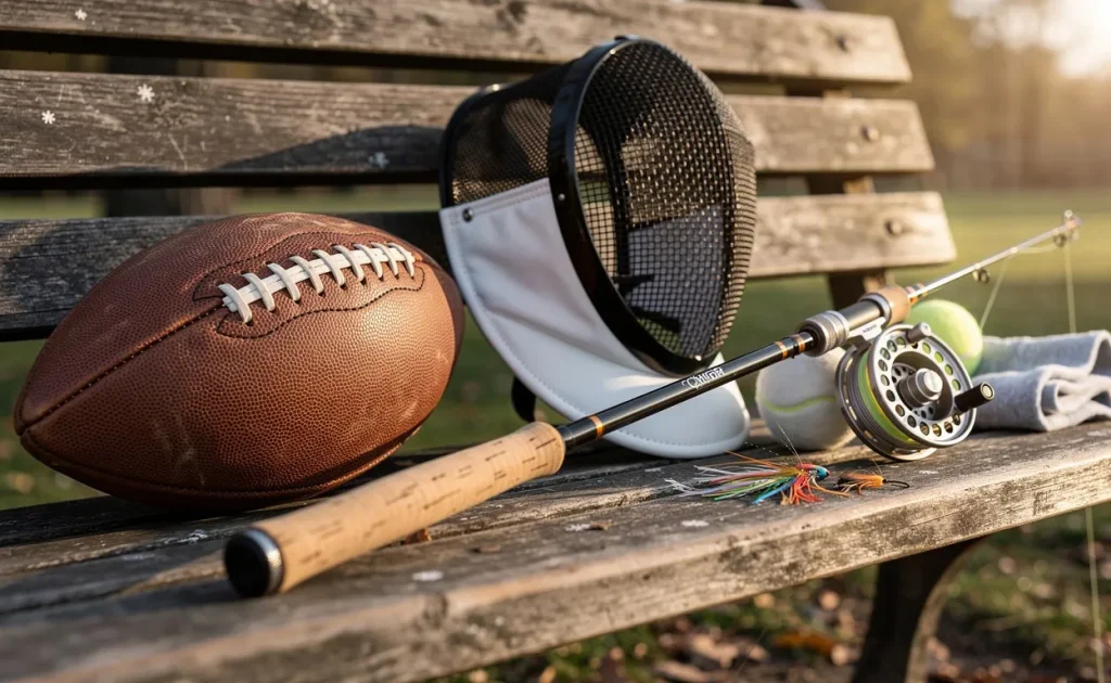 Équipement sportif varié, dont un masque d’escrime, un ballon de football et une canne à pêche à mouche, disposé sur un banc en bois sous une lumière matinale douce.