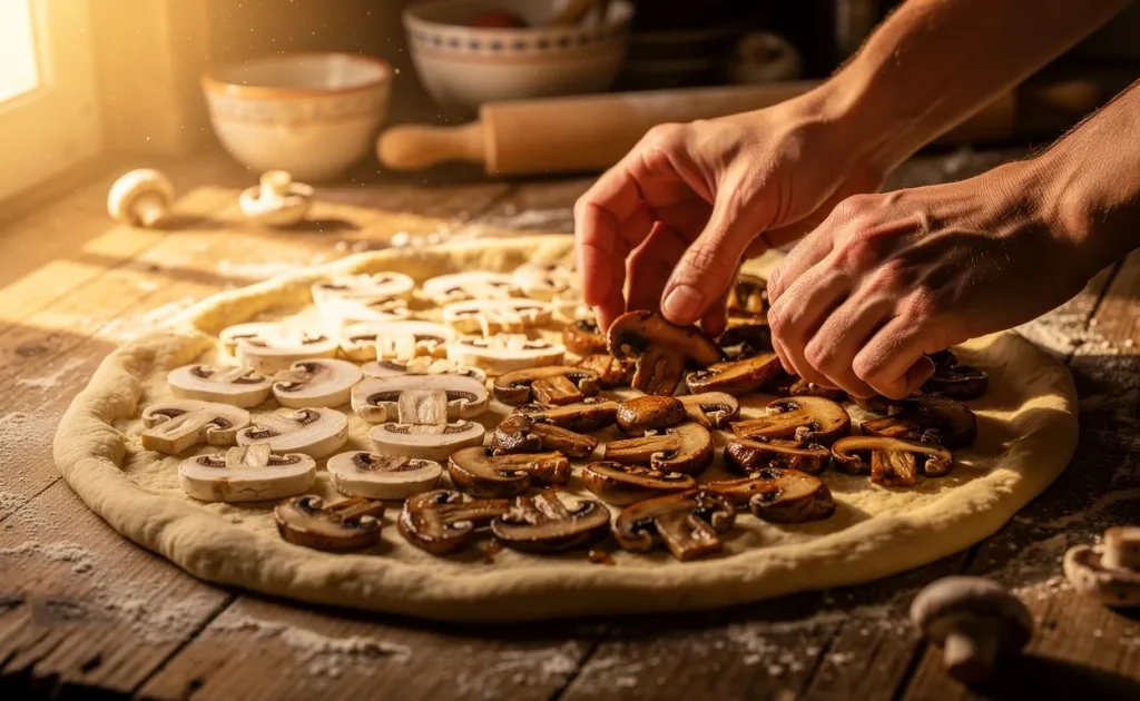 Des mains ajoutent des champignons crus et sautés sur une pâte à pizza posée sur un plan de travail en bois éclairé par une lumière dorée.