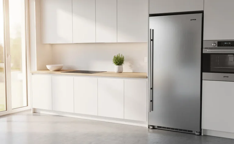 Réfrigérateur Gorenje en acier inoxydable dans une cuisine européenne lumineuse, baignée de soleil.