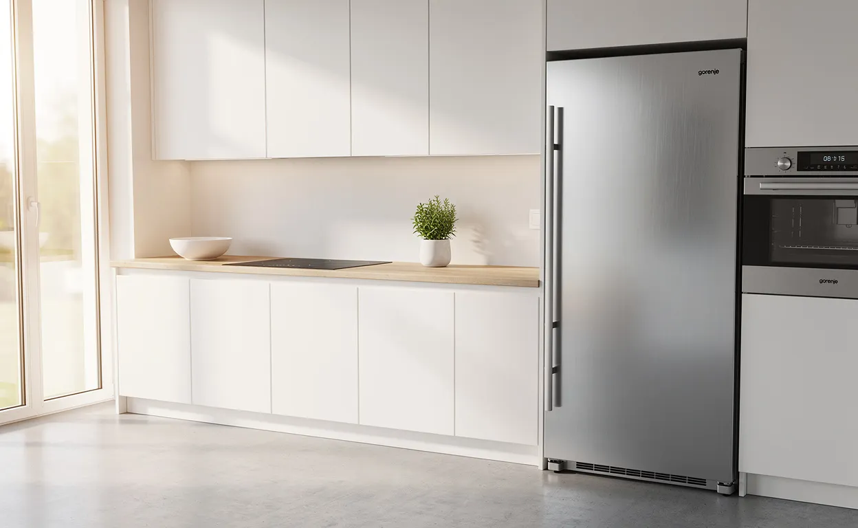 Réfrigérateur Gorenje en acier inoxydable dans une cuisine européenne lumineuse, baignée de soleil.