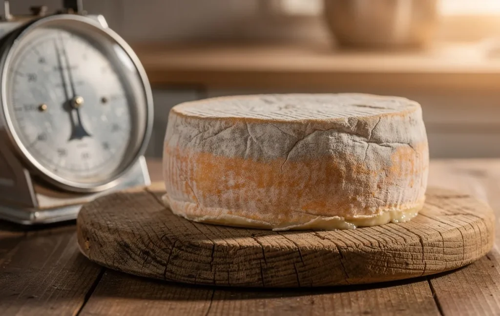 Un fromage Saint-Nectaire entier repose sur une planche en bois à côté d’une balance en métal affichant son poids, avec une croûte rustique et une lumière chaleureuse.