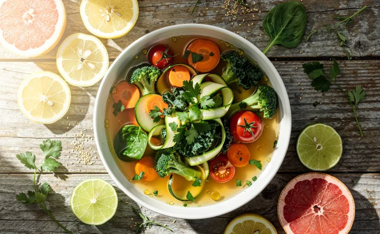 Une soupe détox photoréaliste garnie de légumes colorés et d’herbes fraîches, entourée de tranches d’agrumes et de feuilles vertes sur une table en bois.